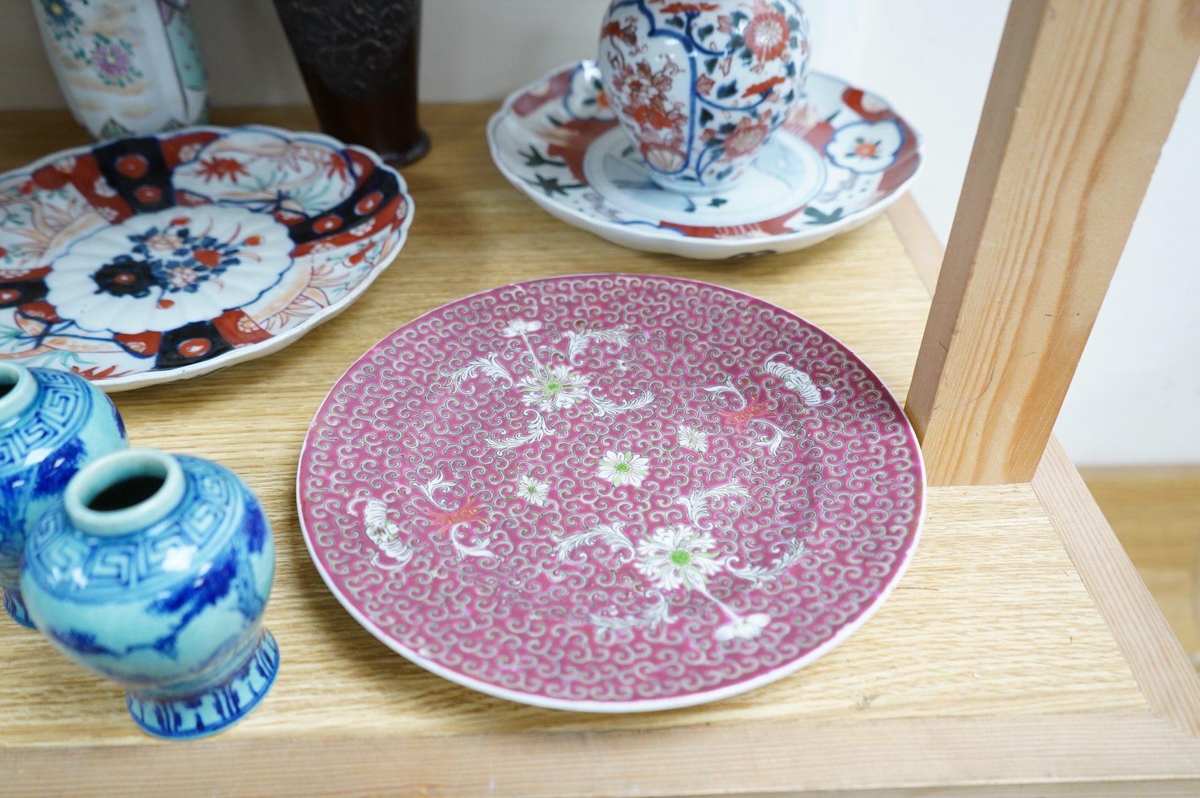 A collection of Asian ceramics to include an inside painted glass snuff bottle, pink ground dish and an Imari dish